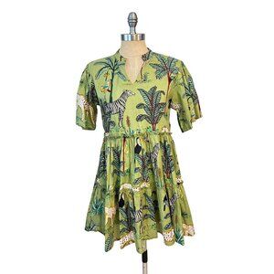 Fox & Hen Tropical Print Mini Dress Green Jungle Hawaiian Artsy Festival XS